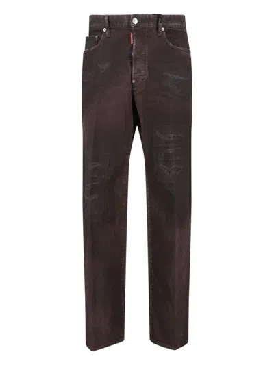 Dsquared2 Straight Trousers With Distressed Finish And Pockets In Brown