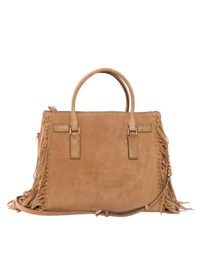 Michael Kors Hamilton Moderne Large Fringed Suede Satchel In Brown