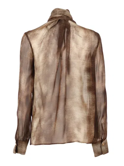 Elisabetta Franchi Sheer Silk Blouse With Integrated Scarf In Brown