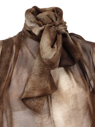 Elisabetta Franchi Sheer Silk Blouse With Integrated Scarf In Brown