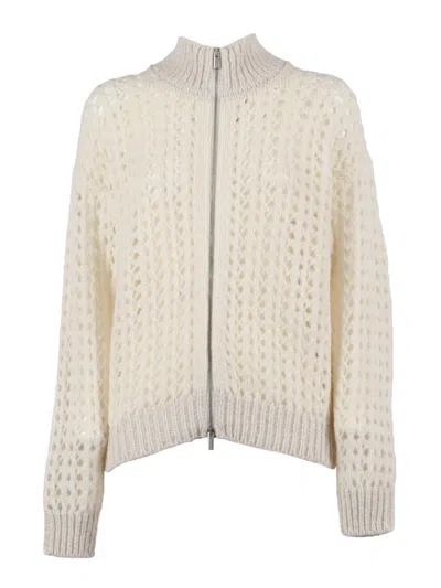 Peserico Textured Open-knit Sweater With Zip-up Front In Neutral