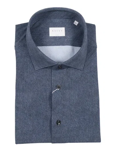 Xacus Deep Blue Herringbone Long-sleeve Shirt In Blue