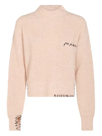 Marni Asymmetrical Turtleneck Sweater With Ribbed Texture In Neutral