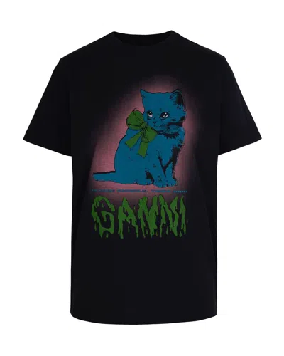 Ganni Neon Kitty Organic Cotton T-shirt In Black