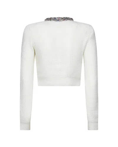 Self-portrait Whirw Cropped Crewneck Cardigan With Crystal Embellishments On Collar And Buttons In Wool Blend Woma In White