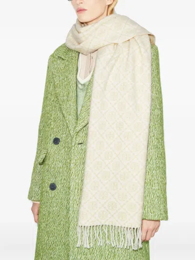 Tory Burch Monogram-pattern Fringed Scarf In Neutral