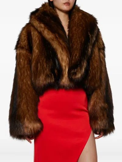 David Koma Oversized Cropped Faux Fur Jacket With V-neck And Wide Collar In Multi