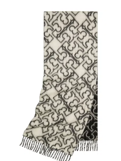 Tory Burch Logo-pattern Fringed Scarf In White