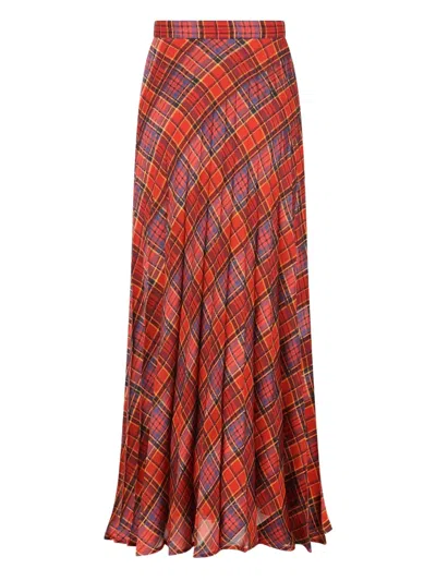Saint Laurent Tartan Pleated Maxi Skirt In Silk In Red