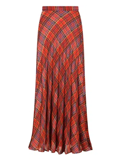 Saint Laurent Tartan Pleated Maxi Skirt In Silk In Red