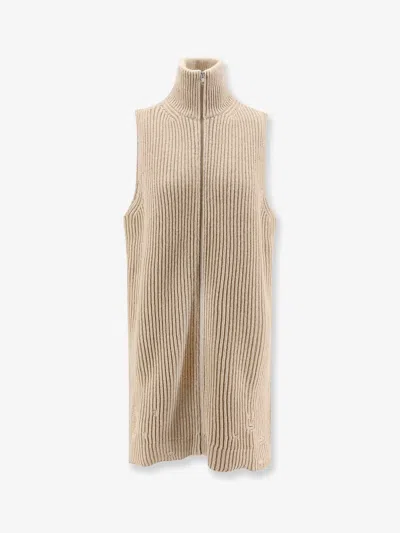Mm6 Maison Margiela Sleeveless Long Wool Blend Cardigan With Distressed Effect In Neutral
