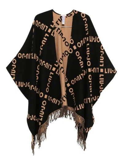 Liu •jo Logo-pattern Fringed Cape In Black