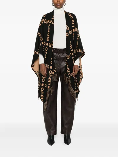 Liu •jo Logo-pattern Fringed Cape In Black