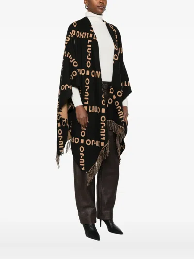 Liu •jo Logo-pattern Fringed Cape In Black