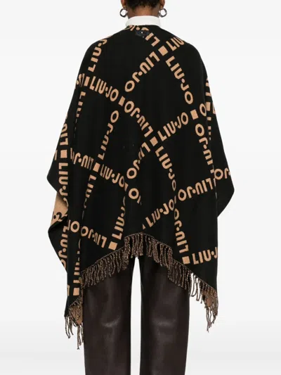 Liu •jo Logo-pattern Fringed Cape In Black