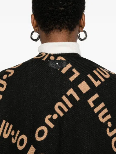 Liu •jo Logo-pattern Fringed Cape In Black