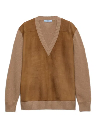 Prada Wool And Cashmere Sweater With Lambskin Front In Brown