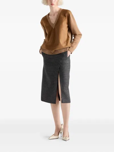 Prada Wool And Cashmere Sweater With Lambskin Front In Brown