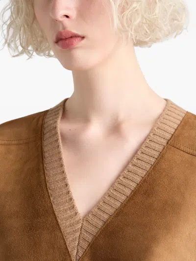 Prada Wool And Cashmere Sweater With Lambskin Front In Brown