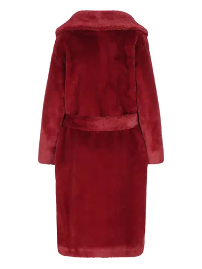 Herno Long Faux Fur Coat With Belted Waist In Red