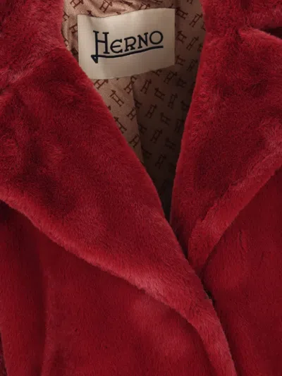 Herno Long Faux Fur Coat With Belted Waist In Red