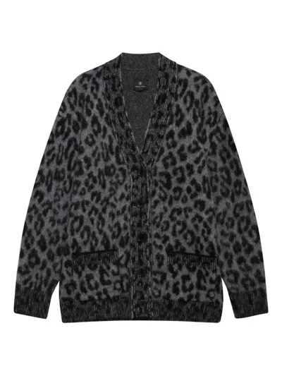 Anine Bing Leopard Print Cardigan Featuring Front Pockets In Gray