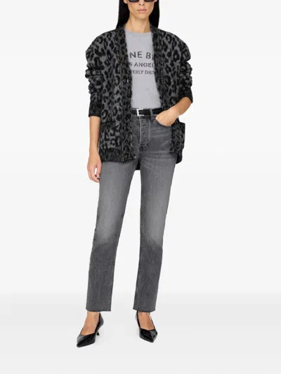 Anine Bing Leopard Print Cardigan Featuring Front Pockets In Gray