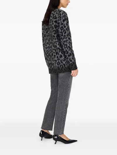 Anine Bing Leopard Print Cardigan Featuring Front Pockets In Gray