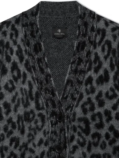 Anine Bing Leopard Print Cardigan Featuring Front Pockets In Gray