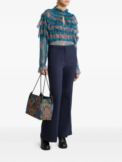 Etro Flared Wool-blend Tricotine Trousers In Blue