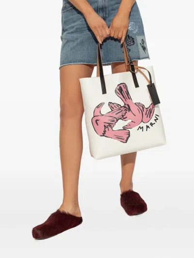 Marni Shoulder Bag With Contrast Stitching And Graphic Print In Pink