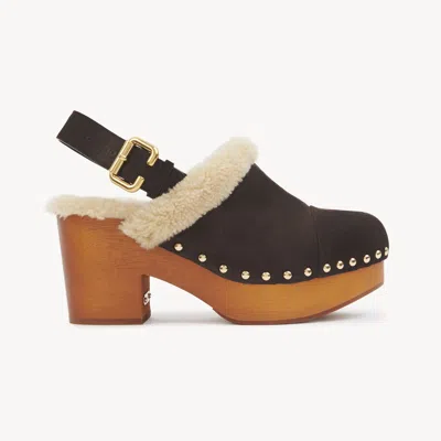 Chloé Jeannette Shearling-trimmed Suede Wedge Clogs In Brown