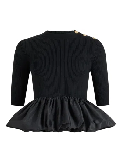 Patou Ribbed Sweater With Ruffled Hem In Wool And Faille In Black