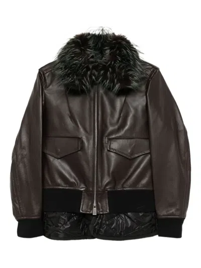 Sacai Convertible Plush-trimmed Padded Leather Jacket In Brown