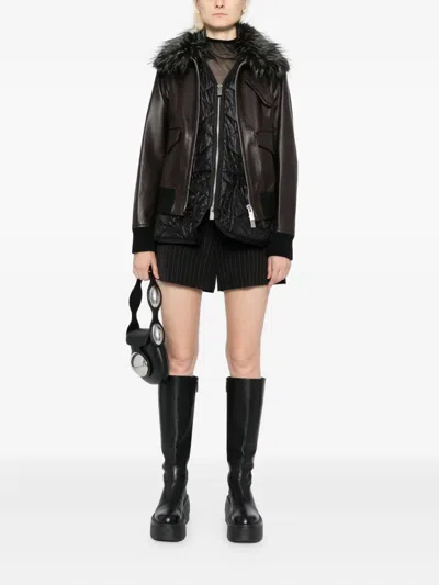 Sacai Convertible Plush-trimmed Padded Leather Jacket In Brown