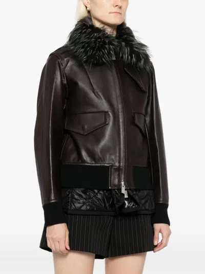 Sacai Convertible Plush-trimmed Padded Leather Jacket In Brown