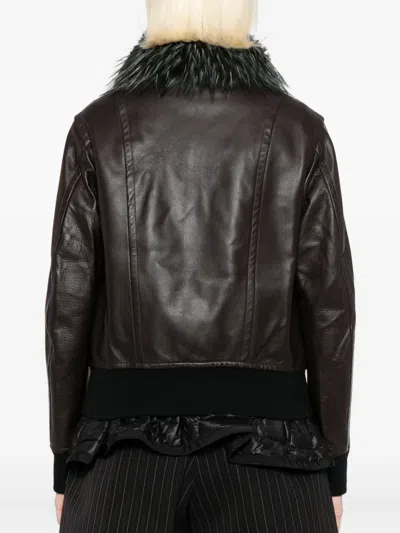 Sacai Convertible Plush-trimmed Padded Leather Jacket In Brown