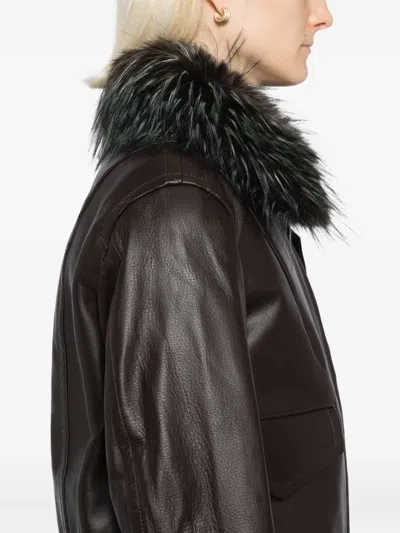 Sacai Convertible Plush-trimmed Padded Leather Jacket In Brown