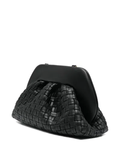 Themoirè Tia Black Clutch Bag With Woven Straw Motif And Shoulder Strap In Black