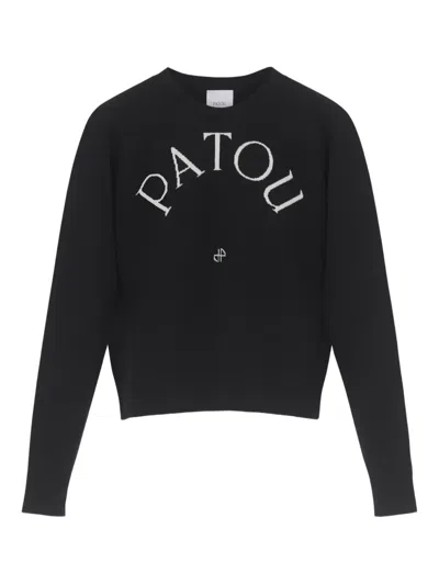Patou Black Merino Wool Blend Jumper With Jacquard Logo