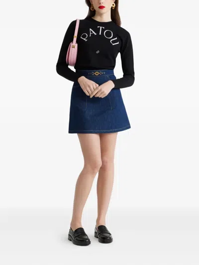 Patou Black Merino Wool Blend Jumper With Jacquard Logo