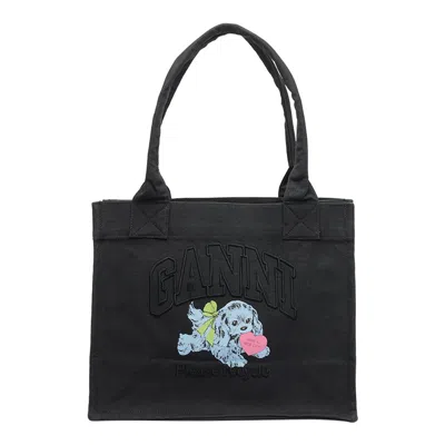 Ganni Black Large Black Shopper With Double Handles And Front Decoration In Cotton Woman In Black
