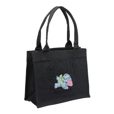 Ganni Black Large Black Shopper With Double Handles And Front Decoration In Cotton Woman In Black