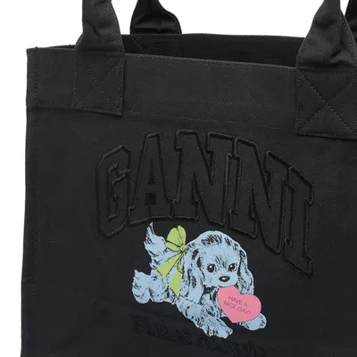 Ganni Black Large Black Shopper With Double Handles And Front Decoration In Cotton Woman In Black