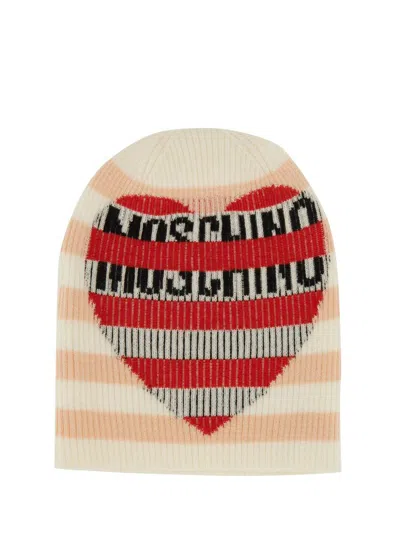 Moschino Heart Pattern Ribbed Soft Striped Hat In Brown