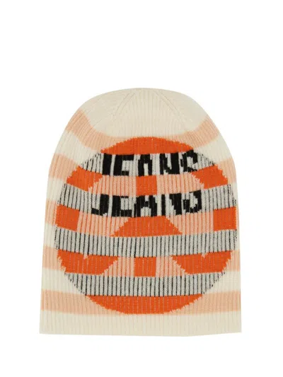 Moschino Heart Pattern Ribbed Soft Striped Hat In Brown