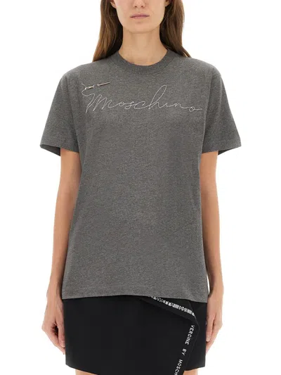Moschino T-shirt With Embroidered Logo In Gray