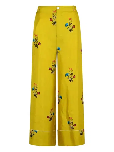 Marni Floral Print Wide Leg Silk Pants In Yellow