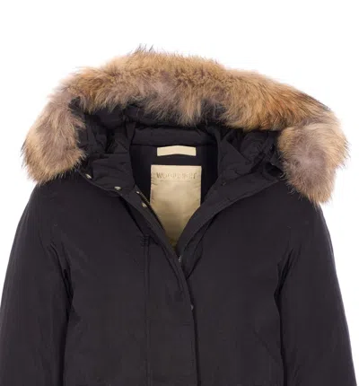 Woolrich Padded Coat With Removable Fur Hood In Black