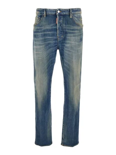 Dsquared2 Men Blue Jeans With Logo Patch On The Rear And Distressed Effect In Denim Man In Black